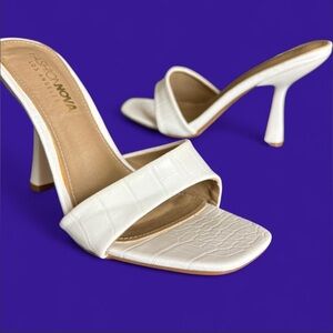 Fashion Nova White Croc-Embossed Square Strap Heeled Mules